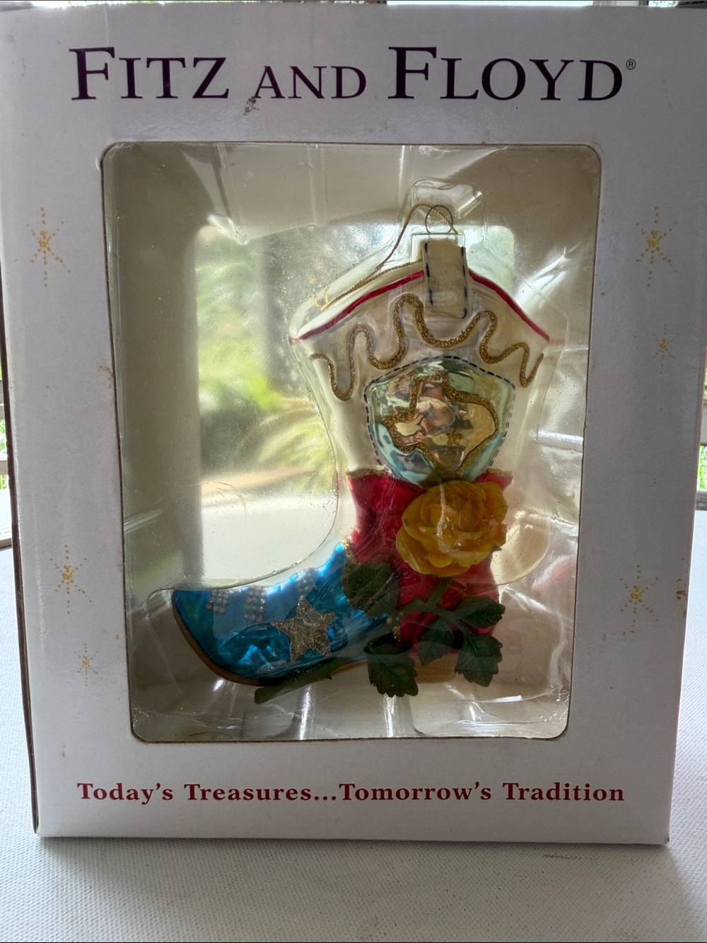 NWT Vintage Fitz & Floyd Cowboy Boot & Yellow Rose Texas Glass Ornament 2002